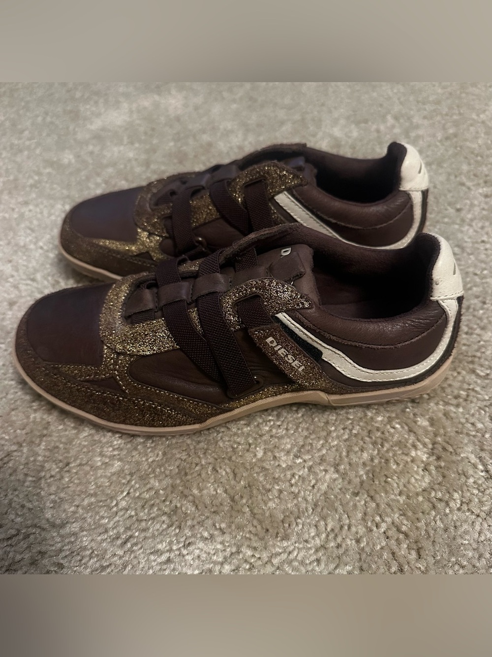 Diesel Motion Women’s Gold Sparkle Brown Leather Size 8 38.5 Shoes Sneakers - Picture 6 of 8